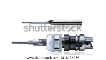 reamer in chuck holder. 4 teeth cutting edge right hand. tools special, Material Carbide. Isolated on white background.