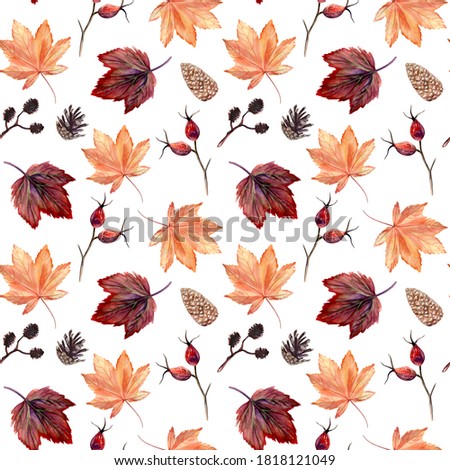 Watercolor hand painted seamless pattern with autumn leaves, alder branches, cones and rose hip beries on white background. Perfect for fall or thanksgiving design. Digital Paper for wrapping, textile
