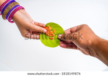 Indian festival Dussehra, green apta leaf in hand Royalty-Free Stock Photo #1818149876