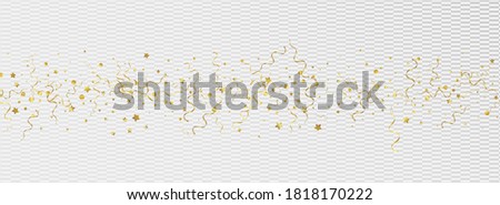 Golden Ribbon Christmas Vector Panoramic Transparent Background. Party Spiral Plant. Star Fun Illustration. Yellow Celebration Branch.