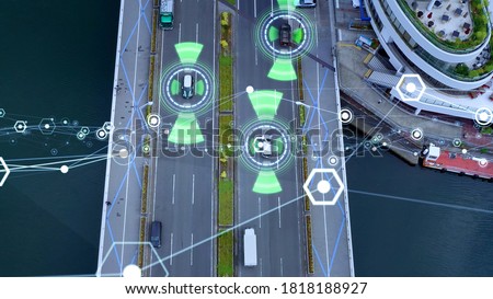 Automotive technology concept. ITS (Intelligent Transport Systems). ADAS (Advanced Driver Assistance System). ACC (Adaptive Cruise Control). Royalty-Free Stock Photo #1818188927