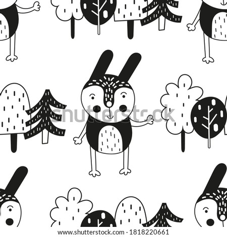 Monochrome seamless pattern - hare in forest. Vector. Bw Kids illustration for nursery. Perfect for baby clothes, greeting card, wrapping. Pattern is cut, no clipping mask.