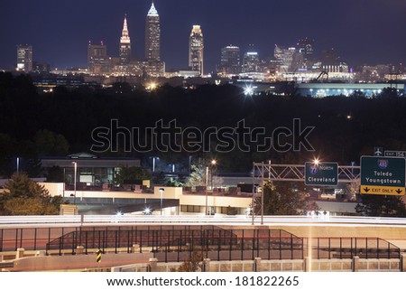 Cleveland skyline and highway 77 in the foreground