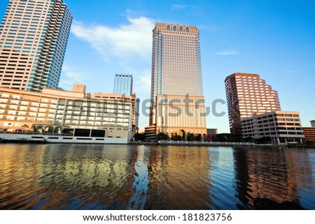 Afternoon in Tampa. City skyline seen accross the river.