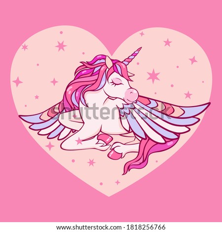 Cute magical unicorn with wings sleeps on a pink heart background. Vector design isolated on pink background. Romantic hand drawing illustration for children.