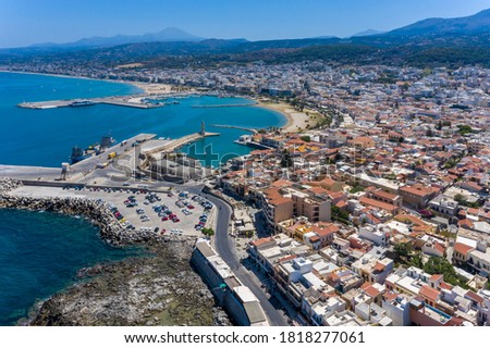 Aerial drone photo of the old Venetian Harbour in Rethimno city, Crete island, Greece