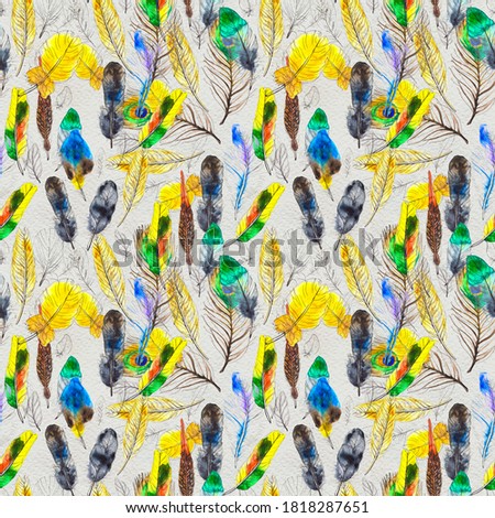 Watercolor seamless pattern. Hand painted texture with various colorful feathers. Paper background
