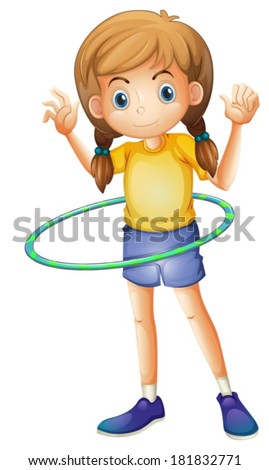Illustration of a young girl playing with the hula hoop on a white background