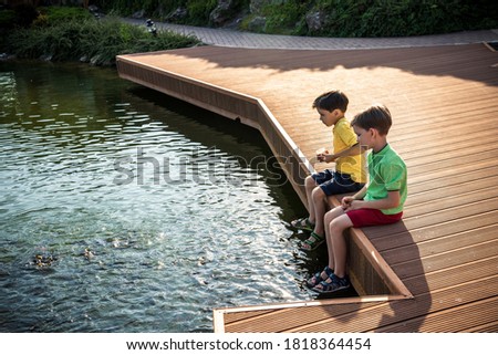 Two children feed the wild ducks and shoal of small fish in azure clean transparent lake. Brother boys are best friends. Summer holiday friendship concept.