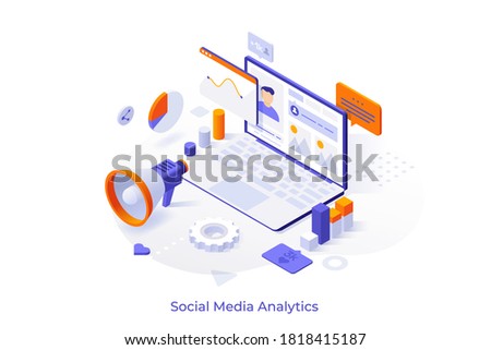 Conceptual template with laptop computer, charts, internet indicators and megaphone. Online tool or service for social media analytics and SMM. Isometric vector illustration for website.  Royalty-Free Stock Photo #1818415187