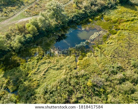 Small lake among green meadows. Summer sunny day. Aerial drone view.