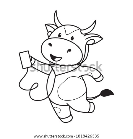 Children's coloring page with cute bulls, cows and oxen. The ox is a with music player symbol of the year 2021 according to the Chinese or Eastern calendar. Ready-to-print vector stock illustration isolated on a white 