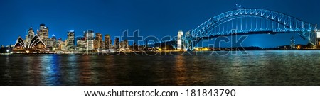 Panoramic photo of Sydney skyline with Harbour Bridge in the evening after sunset