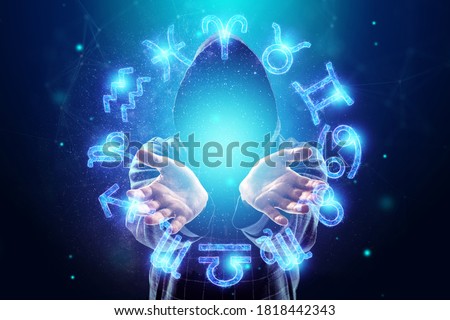 Sorcerer, magician and 12 signs of the zodiac, hologram neon horoscope signs on a blue background. with the concept of fate, predictions, fortune teller
