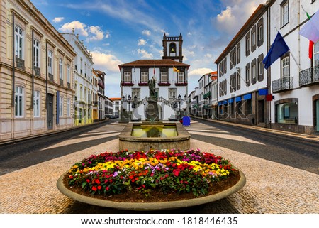 City Hall in Ponta Delgada, Azores, Portugal. Ponta Delgada City Hall with a bell tower in the capital of the Azores. Portugal, Sao Miguel. Town Hall, Ponta Delgada, Sao Miguel, Azores, Portugal Royalty-Free Stock Photo #1818446435