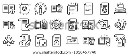 Set of Instruction, Plan and Manual icons. Technical document line icons. Help document, Building plan and Algorithm symbols. Technical blueprint, Engineering instruction, Work tool, building. Vector Royalty-Free Stock Photo #1818457940