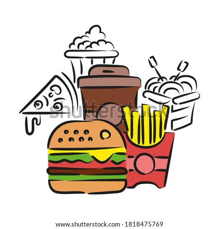 This is a street food concept. Outline and colored fast food symbols. Freehand drawing. Stylish solution for a website.
