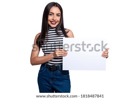Woman holding white sign, isolated on white background with space for text.