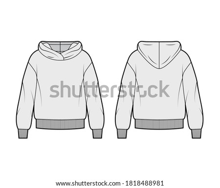 Oversized cotton-fleece hoodie technical fashion illustration with relaxed fit, long sleeves. Flat outwear jumper apparel template front, back, grey color. Women, men, unisex sweatshirt top CAD mockup