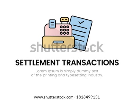 Finance. Vector illustration of the logo of settlement operations. Cash register, next to it is a document, below it is the inscription settlement transactions