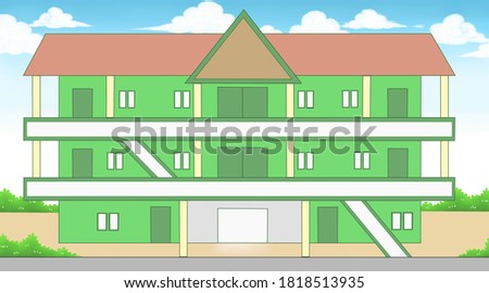 Simple image of clean and neat building on the roadside with a clear sky. Good to be use for building background or sample image in the book.