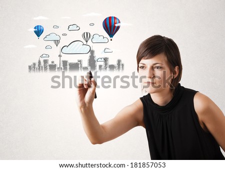 Pretty woman sketching cityscape with colorful balloons and clouds