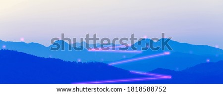 Mountain landscape with digital line network. Internet connecting world together. Cyber punk color and futuristic concept. Banner size background with copy space. Royalty-Free Stock Photo #1818588752
