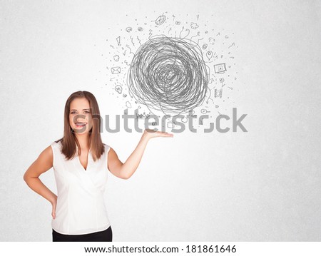 Young business woman with media doodle scribble concept