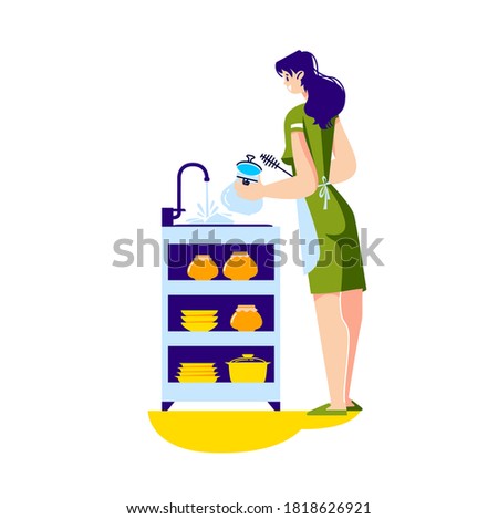 Woman housewife washing dishes in kitchen sink doing housework at home. Cartoon female wife or maid cleaning kitchen utensils after cooking or dinner. Vector illustration