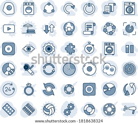 Blue tint and shade editable vector line icon set - 24 hours vector, radar, gear, contract, circle chart, pills blister, stopwatch heart, rec button, update, record, eye id, exchange, pie graph, cd