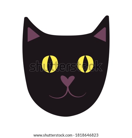 Cute black cat face isolated. Vector design element, black cat haluin icon. Cute and funny animal with green eyes on a white background. Flat cat face for stickers, social media, flyers, banners