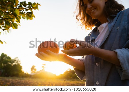 Farmer with pumpkin on a pumpkins field at sunset