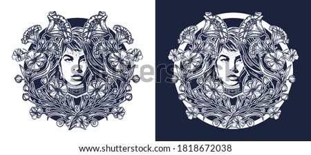 Woman and flowers tattoo. Art nouveau fashion girl t-shirt design. Black and white vector graphics 