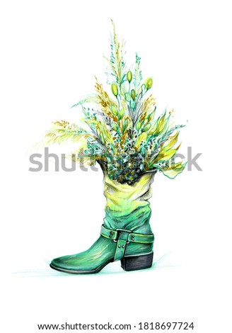 Autumn illustration with boot and flowers.Hand drawn illustration on white isolated background.Composition of autumn bouquet and green shoe.