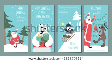 Set of templates for Christmas greeting banners, flyers, cards. Christmas market. Vector images of cheerful polar bears, santa claus, deer.