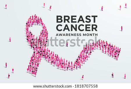 Breast cancer awareness month concept poster. Large group of people form to create a pink ribbon. Vector illustration.