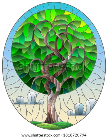 Illustration in stained glass style with an abstract round green tree on a background of cloudy sky, oval image