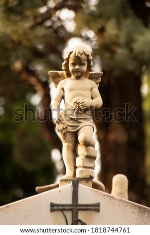 Small statue of a little angel boy with the wings  at the gravestone at the old cemetery in Dalmatia, Croatia, close up on sunlight Royalty-Free Stock Photo #1818744761