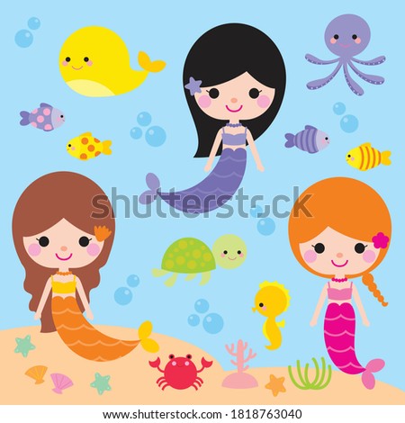 Cute Mermaids and Sea Animals Cartoon Character Swimming Together Vector