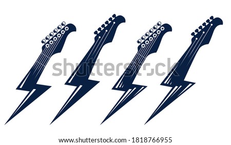 Electric guitar headstock in a shape of lightning, hot rock music, Hard Rock or Rock and Roll concert or festival labels, night club live show band performance, vector logos set.