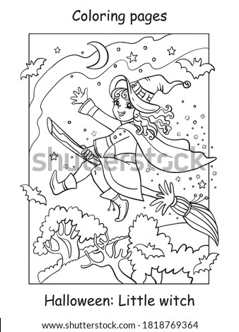 Vector coloring pages little witch flying on broom. Halloween concept. Cartoon contour illustration isolated on white background. Coloring book for children, preschool education, print and game.