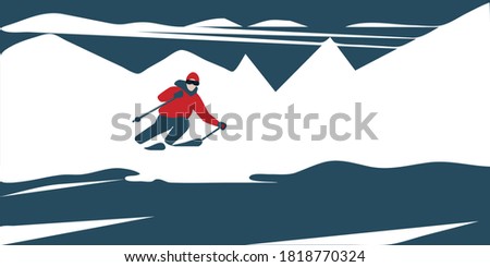 Skier - mountain landscape - illustration, vector. New Year, Christmas banner. Winter tourism.