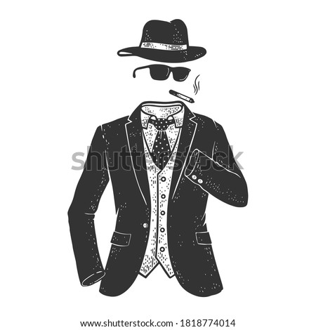 invisible Man character sketch engraving vector illustration. T-shirt apparel print design. Scratch board imitation. Black and white hand drawn image.