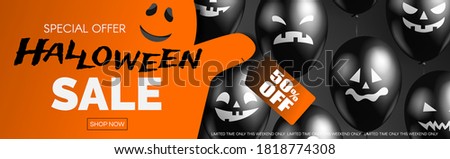 halloween sale horizontal web banner with cute orange ghost and balloons on black background vector illustration	
