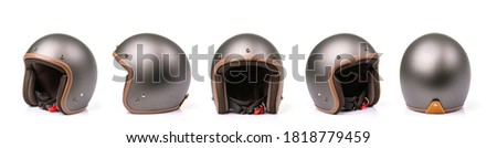 Close up set of new grey vintage helmet. Studio shot isolated on white background Royalty-Free Stock Photo #1818779459
