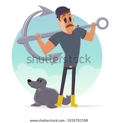funny cartoon illustration of a sailor with anchor and seal