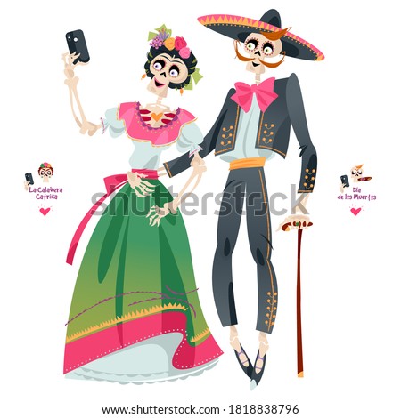 Skeleton couple takes a selfie. Dia de Muertos (Day of the Dead). Vector illustration