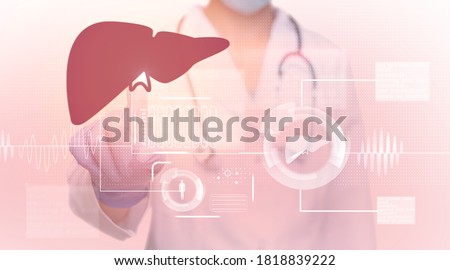 Cropped of therapist doctor pushing on liver button on interactive board, illustration for liver health concept
