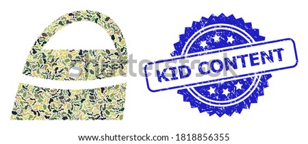 Military camouflage combination of shopping bag, and Kid Content grunge rosette stamp seal. Blue stamp seal has Kid Content text inside rosette. Mosaic shopping bag constructed with camo items.