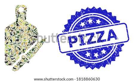 Military camouflage collage of cutting board and knife, and Pizza scratched rosette seal. Blue stamp seal has Pizza title inside rosette.